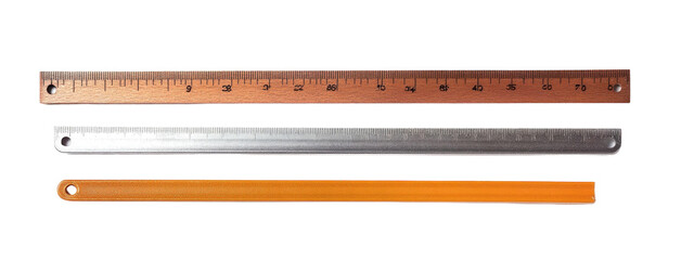 PNG Images, Various rulers in a neat arrangement showcasing measurement tools on a clean surface, Transparent background.