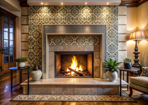 A sleek modern stone fireplace with ornate patterned tile surrounds, warm ambient lighting, and a crackling fire pit, evoking cozy winter ambiance.