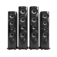 Set of Five Black Speakers in a Row Isolated on Transparent or White Background, PNG