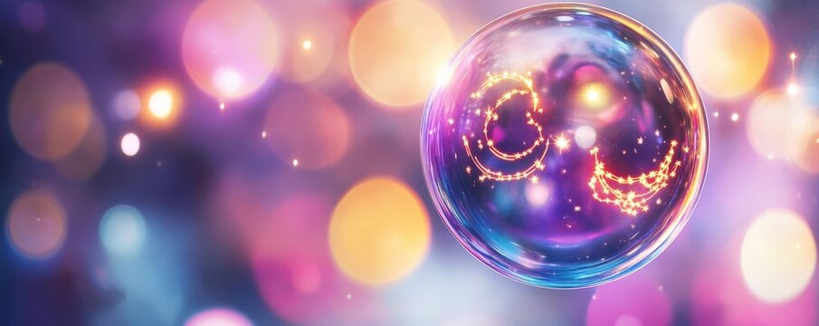 Astrological compatibility visualized as two zodiac signs floating in a cosmic bubble, orbiting each other