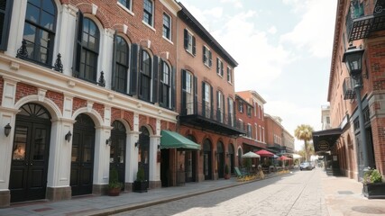 Obraz premium Vintage brick buildings line the cobblestone streets of a historic Charleston market, adorned with ornate ironwork and