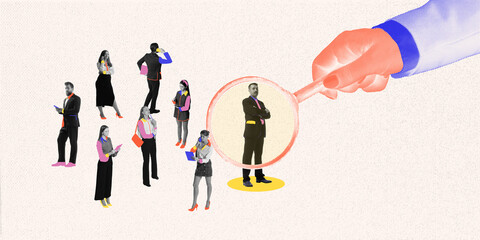 Giant hand picking up man from group of candidates, highlighting challenges to become the best...