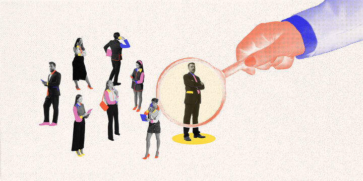 Giant hand picking up man from group of candidates, highlighting challenges to become the best candidate for the job. Contemporary art collage. Concept of business, employment and labor, career