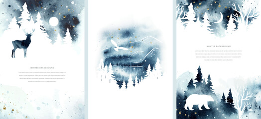 Set winter watercolor vector templates with isolated reindeer, bear, owl, trees, moon and place for text. Christmas magic illustration for print, poster, book, banner, card, flyer