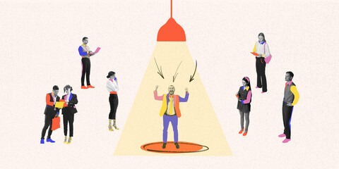 Man standing under spotlight raising hands in victory, surrounded by colleagues reviewing papers, representing success and joy of being hired. Concept of business, employment and labor, career