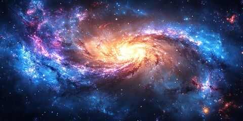 A Cosmic Spiral Galaxy with Bright Stars and Nebulas