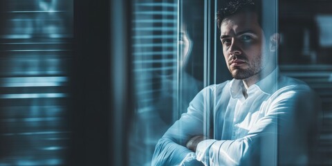 Fototapeta premium Contemplative Businessman in Blurred Office Environment