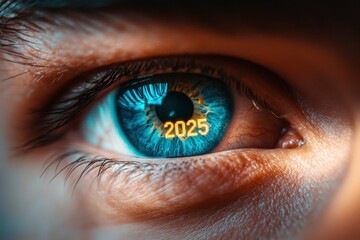 Fototapeta premium A person's eye is shown with the number 2025 written. New year concept