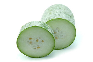 Cross section of wax gourd (ash gourd, white gourd, winter gourd, winter melon, tallow gourd, ash pumpkin) isolated on white background closed up stacking.