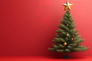 Minimalist Christmas tree with star on red background