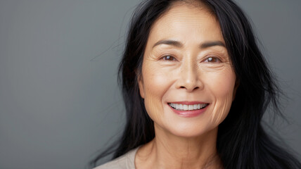 Fototapeta premium Beautiful smiling elderly asian woman, porter close-up on a gray background. Beautiful old age, golden years. A concept for a beauty salon, clinic.