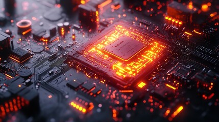 Fototapeta premium Closeup of a modern microprocessor or chip on a motherboard, surrounded by digital data streams and glowing light effects, symbolizing the processing power of AI. Generative AI