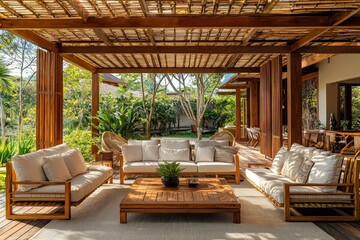 Outdoor living area designed with stylish wooden furniture, seamlessly blending with natural surroundings.