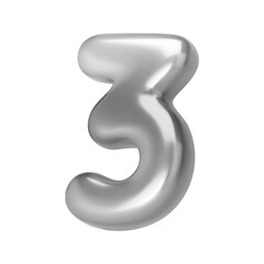 Number silver 3. Foil and chrome balloon number three in 3d style. Realistic design elements isolated on white background. Vector illustration