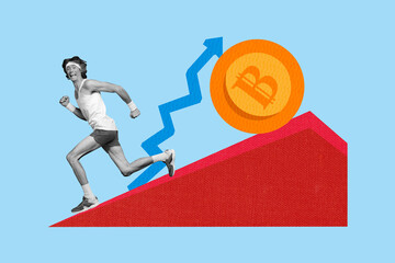 Composite photo collage of scared sportsman run bitcoin penny roll decline arrow market blockchain...