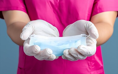 Fototapeta premium Nurse readying for a procedure with gloves and mask, showcasing healthcare safety protocols, patient-focused care