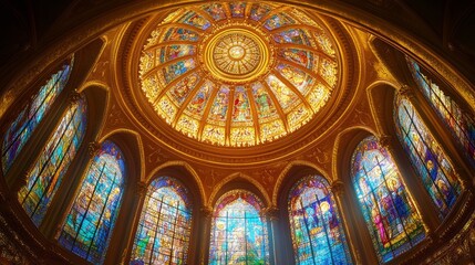 Obraz premium A medieval-style dome with intricate stained-glass windows in a circular configuration, depicting stories of ancient legends, bathed in golden sunlight