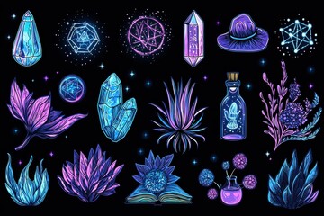 Mystical crystal and magical nature elements in purple and blue tones