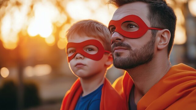 Father and Son Dressed as Superheroes in Red Masks Enjoying a Sunny Day Outdoors