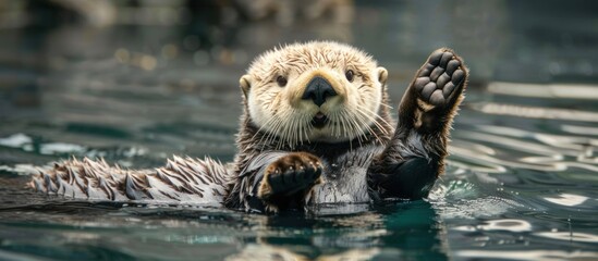 beautiful portrait of sea otter looking at you in the deep blue sea