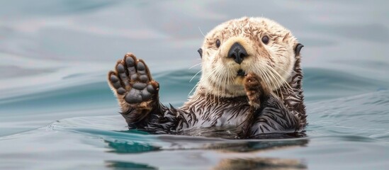 Fototapeta premium portrait of a sea otter floating in open sea water