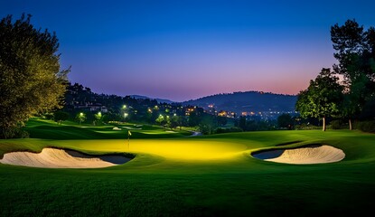 A golf course at dusk with a green fairway and a sand trap.