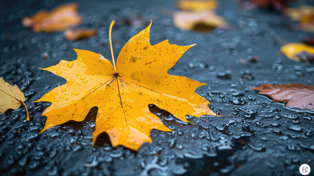 Yellow leaf on road rainy view water drops background