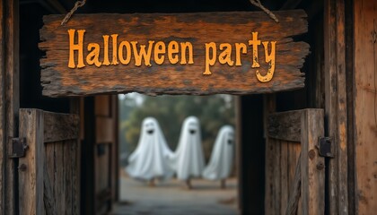 Fototapeta premium Halloween party banner above the entrance where ghosts celebrate and have fun, vintage style wooden board inscription, old wooden boards, rural style