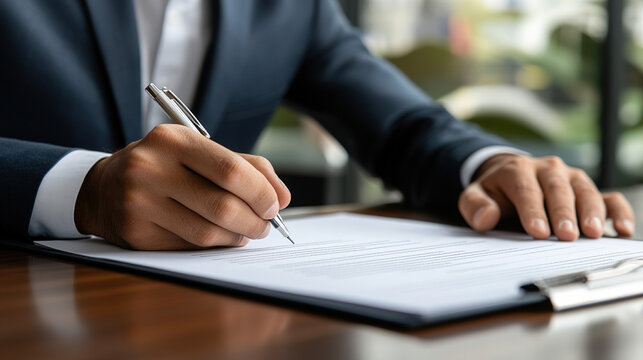 Confident businessman signing a contract, surrounded by financial documents, symbolizing price guarantees and business security.