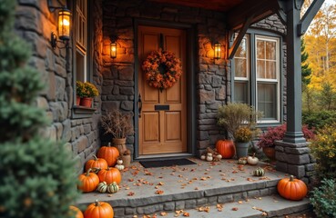 the porch of the house is decorated with pumpkins and decorations for the Halloween holiday, a rural house in the forest, autumn nature