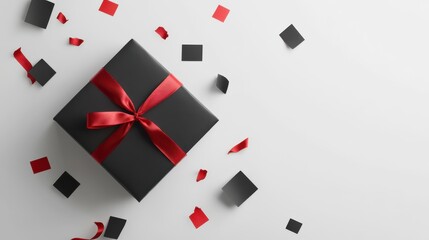 Black Friday minimalist mockup featuring a black gift box with a vivid red bow surrounded by abstract shapes on a light background