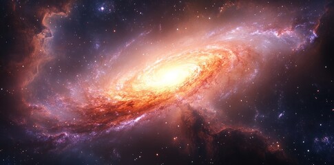 A Spiral Galaxy with Orange and Pink Hues, Surrounded by Stars and Nebulae