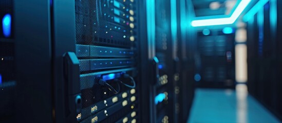 Naklejka premium close up of server racks in data center, blue lights, dark background