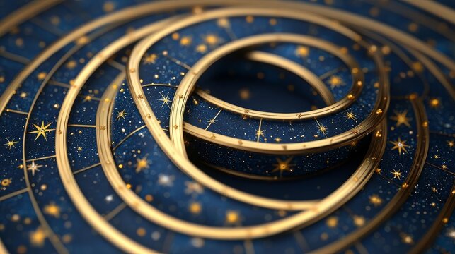 Twin astrological wheels intertwining, cosmic connection theme, 3D illustration