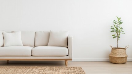 Open living area with light wood finishes, organic cotton cushions, and a soft wool rug, minimalist comfort, organic design