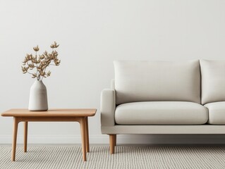 Simple living room with a focus on natural light, wooden coffee table, and soft organic wool rug, organic textures, minimalist space