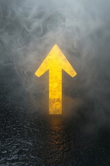 Fototapeta premium A bright yellow arrow icon cutting through a grey fog, symbolizing clarity in confusion. 