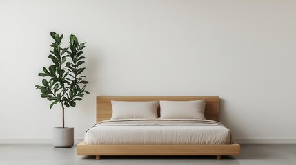 Minimalist bedroom with a low wooden bed, organic fabric bedding, and greenery in a simple ceramic pot, natural design, organic bedroom