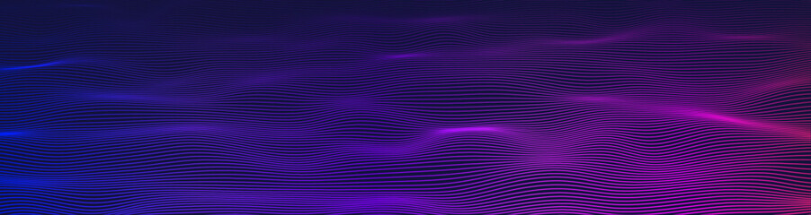 Vector background, blue abstract tech neon design. Dark wave pattern with violet and modern backdrop. Wavy lines, glowing stripes, minimalist vector. Smooth flow, futuristic, 3D, retro 80s style.