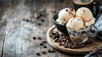 Delightful coffee dessert with ice cream and coffee beans on a rustic wooden table