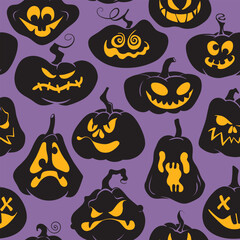 Halloween spooky pumpkin faces seamless pattern. Jack O Lantern pumpkin carved faces glowing on purple background. Vector happy Halloween backdrop for wrapping paper, card, banner, textile, decoration