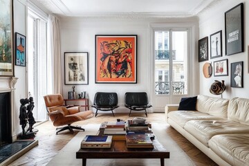 Vintage and modern blend within a Paris apartment featuring bright interiors and framed art.