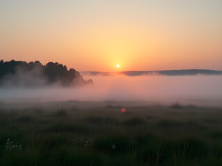 Fototapeta premium Breathtaking Dawn Landscape with Serene Tranquility, Golden Sun Rising on Horizon, Beautiful Contrast of Warm Glow and Cool Morning Fog, Ethereal Mist Over Grassy Field, Peaceful Natural Scenery