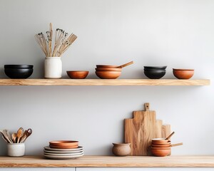 Obraz premium Minimalist kitchen with smooth surfaces, open wooden shelves, and organic materials like clay bowls and bamboo utensils, modern kitchen, organic elements