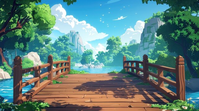 2d video game background .game level is a bridge and nature around. Daytime vector cartoon landscape. fortnite video game style.	
