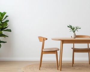 Dining space with simple wooden table, neutral chairs, and a large organic cotton rug beneath, dining room, minimalist organic style