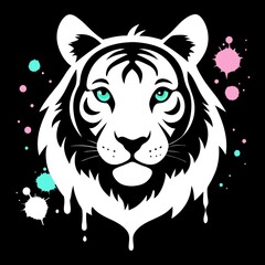 Obraz premium Striking cartoon tiger design for t-shirt print with colorful splashes on black background