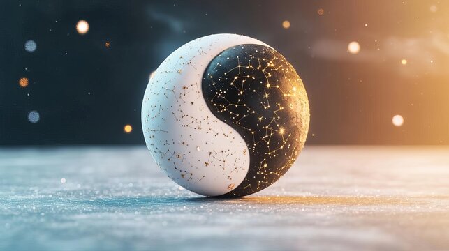Yin-yang symbol made of zodiac elements, celestial theme, 3D illustration