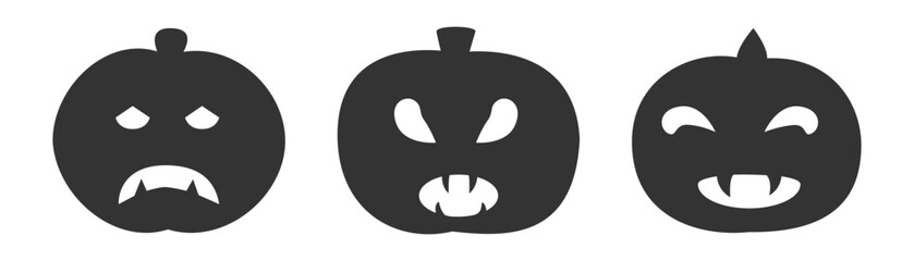 Vector illustration of three spooky black pumpkin faces with fangs, representing Halloween, horror, and festive decorations in a minimalist style.