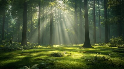 Obraz premium An enchanted forest glade, where sunlight streams through the foliage, forming a natural spotlight on the soft grass, the edges of the clearing hidden in deep shade